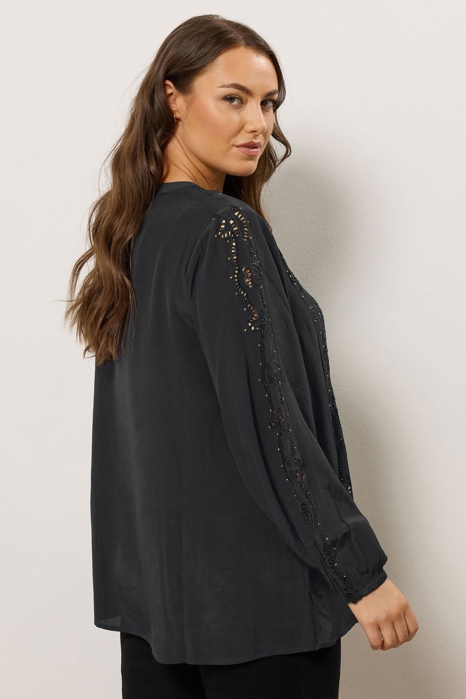 Evans Curve Black Cutwork Tie Neck Woven Blouse