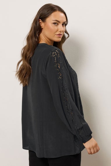 Evans Curve Black Cutwork Tie Neck Woven Blouse