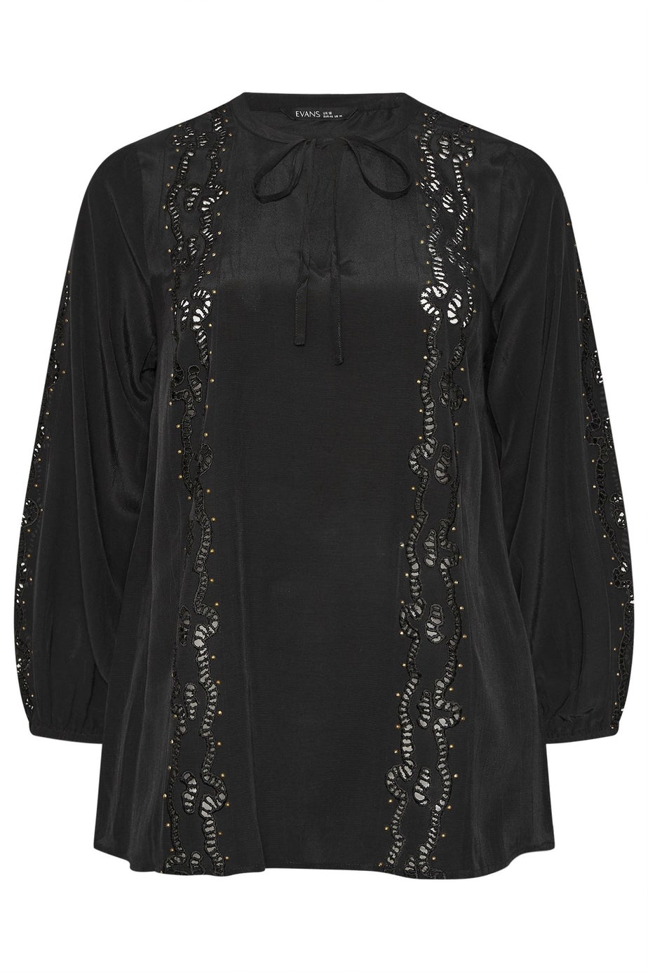 Evans Curve Black Cutwork Tie Neck Woven Blouse
