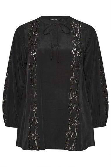 Evans Curve Black Cutwork Tie Neck Woven Blouse