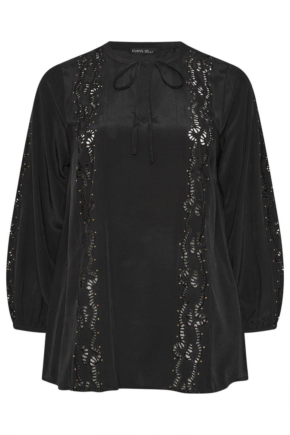 Evans Curve Black Cutwork Tie Neck Woven Blouse