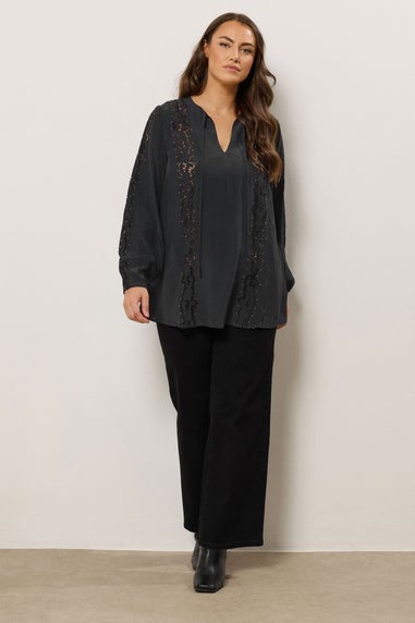 Evans Curve Black Cutwork Tie Neck Woven Blouse