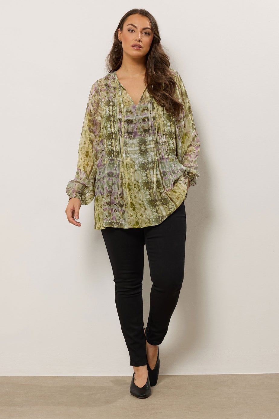 Evans Curve Green Mixed Print Tie Neck Blouse
