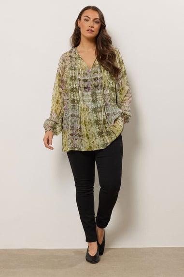 Evans Curve Green Mixed Print Tie Neck Blouse