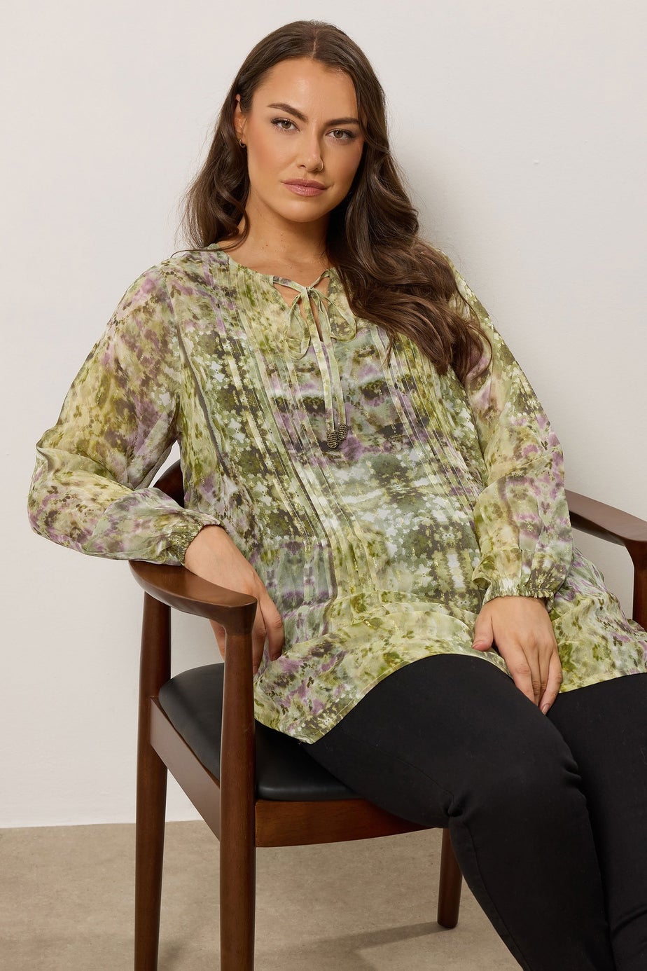 Evans Curve Green Mixed Print Tie Neck Blouse