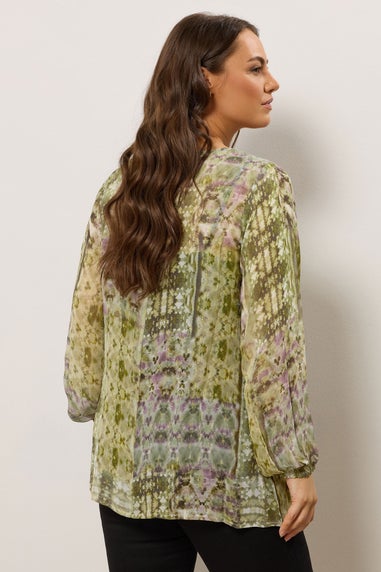 Evans Curve Green Mixed Print Tie Neck Blouse