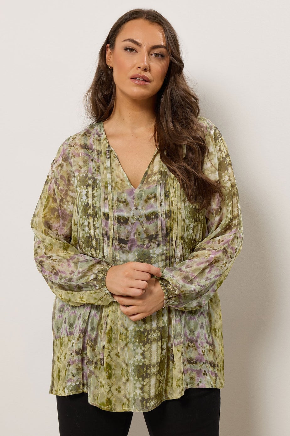 Evans Curve Green Mixed Print Tie Neck Blouse