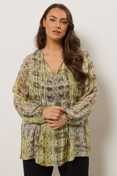 Evans Curve Green Mixed Print Tie Neck Blouse