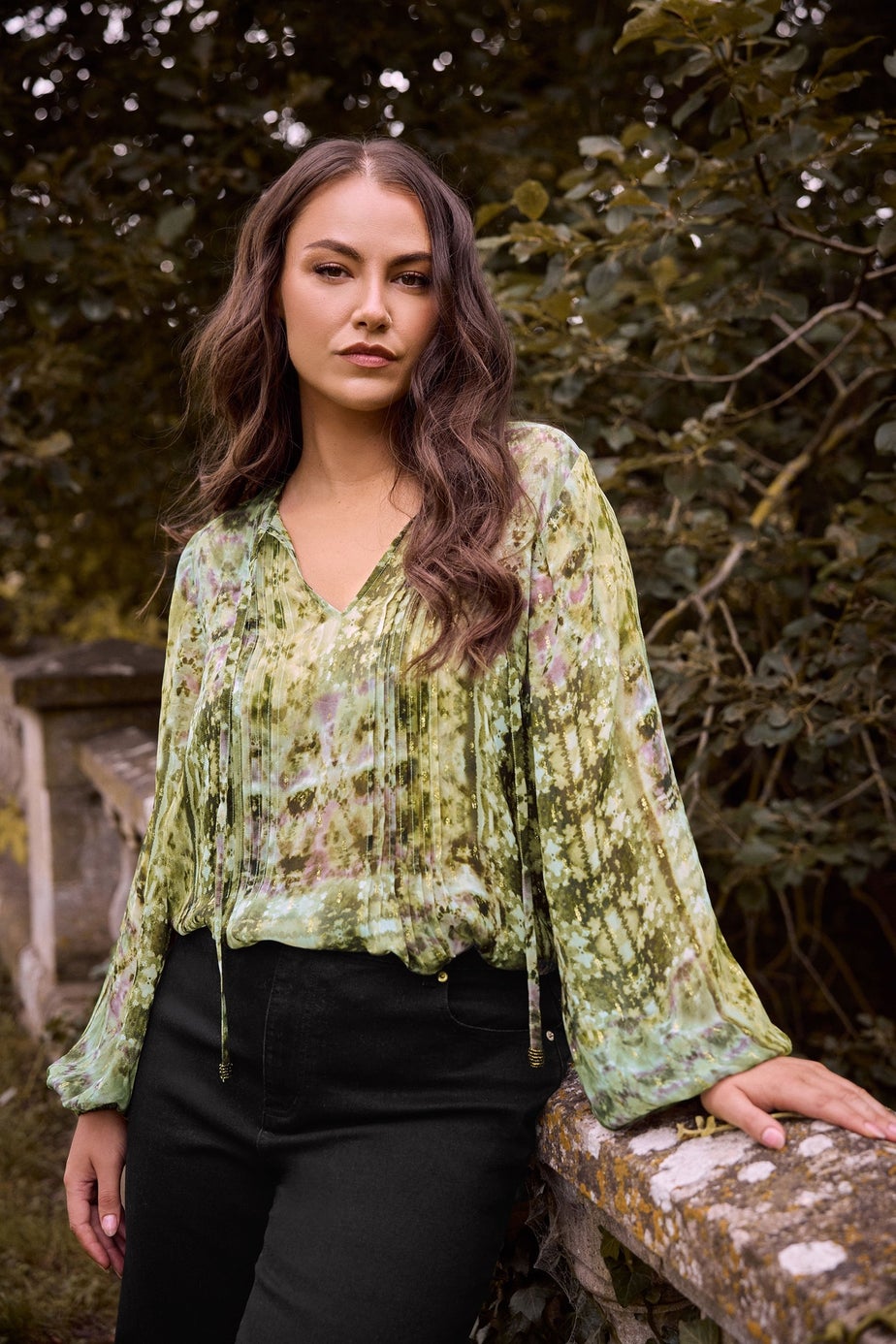 Evans Curve Green Mixed Print Tie Neck Blouse
