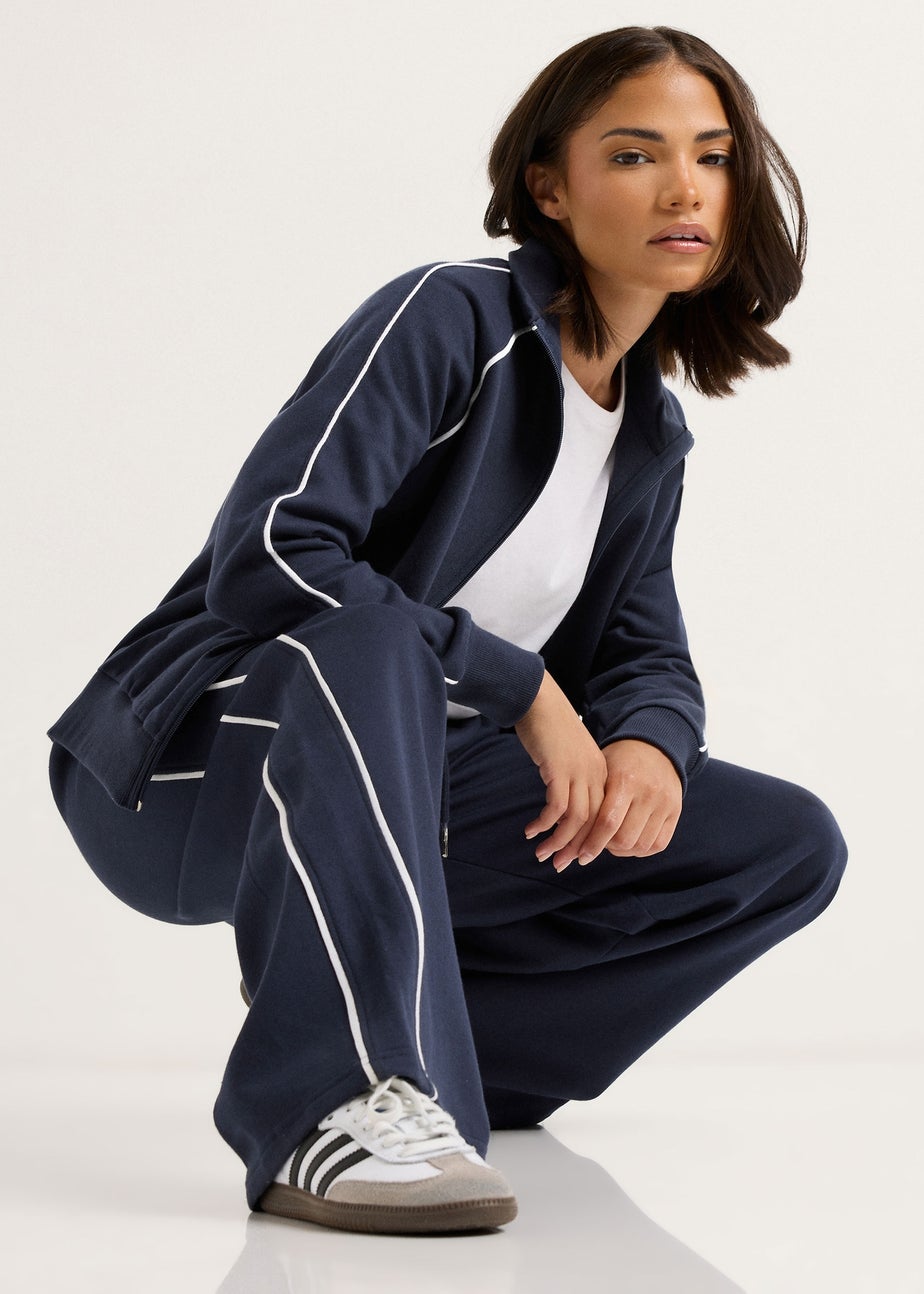 PixieGirl Petite Navy Blue Contrast Piping Zip Sweatshirt