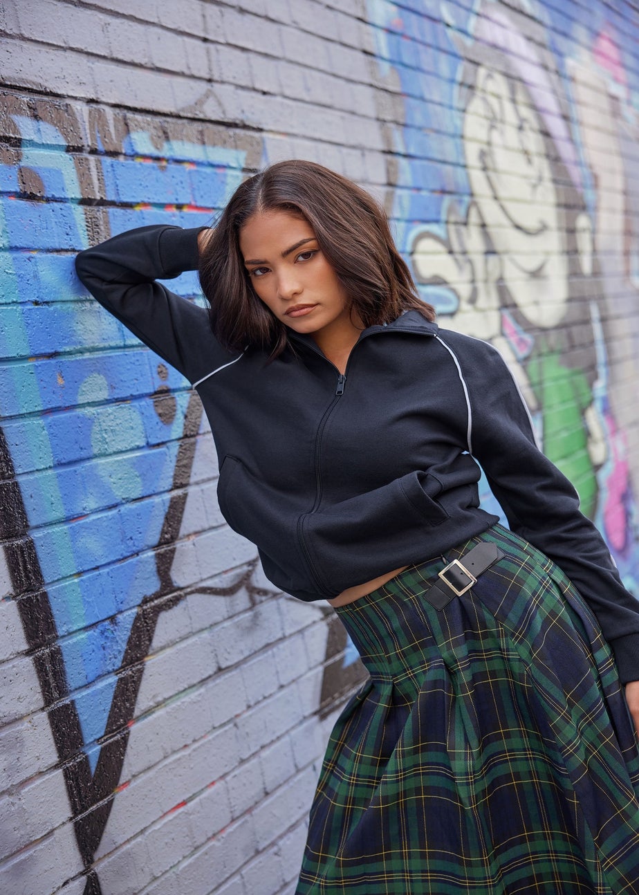 PixieGirl Petite Navy Blue Contrast Piping Zip Sweatshirt