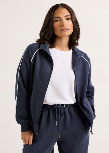 PixieGirl Petite Navy Blue Contrast Piping Zip Sweatshirt