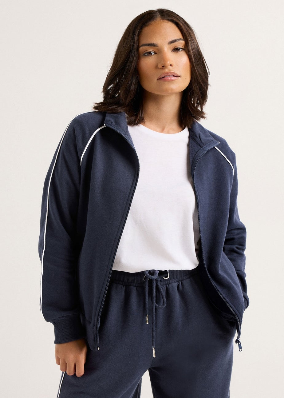 PixieGirl Petite Navy Blue Contrast Piping Zip Sweatshirt