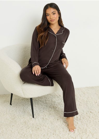 PixieGirl Petite Brown Piped Long Sleeve Jersey Pyjama Set