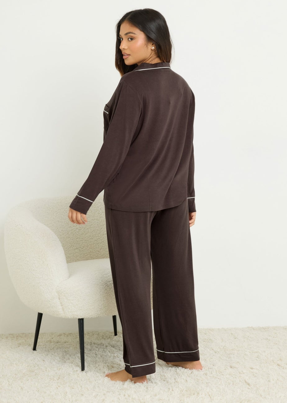 PixieGirl Petite Brown Piped Long Sleeve Jersey Pyjama Set
