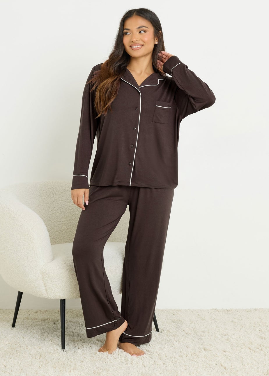 PixieGirl Petite Brown Piped Long Sleeve Jersey Pyjama Set