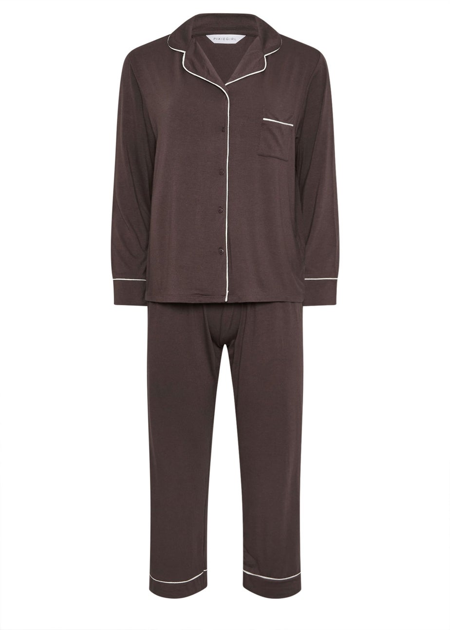 PixieGirl Petite Brown Piped Long Sleeve Jersey Pyjama Set