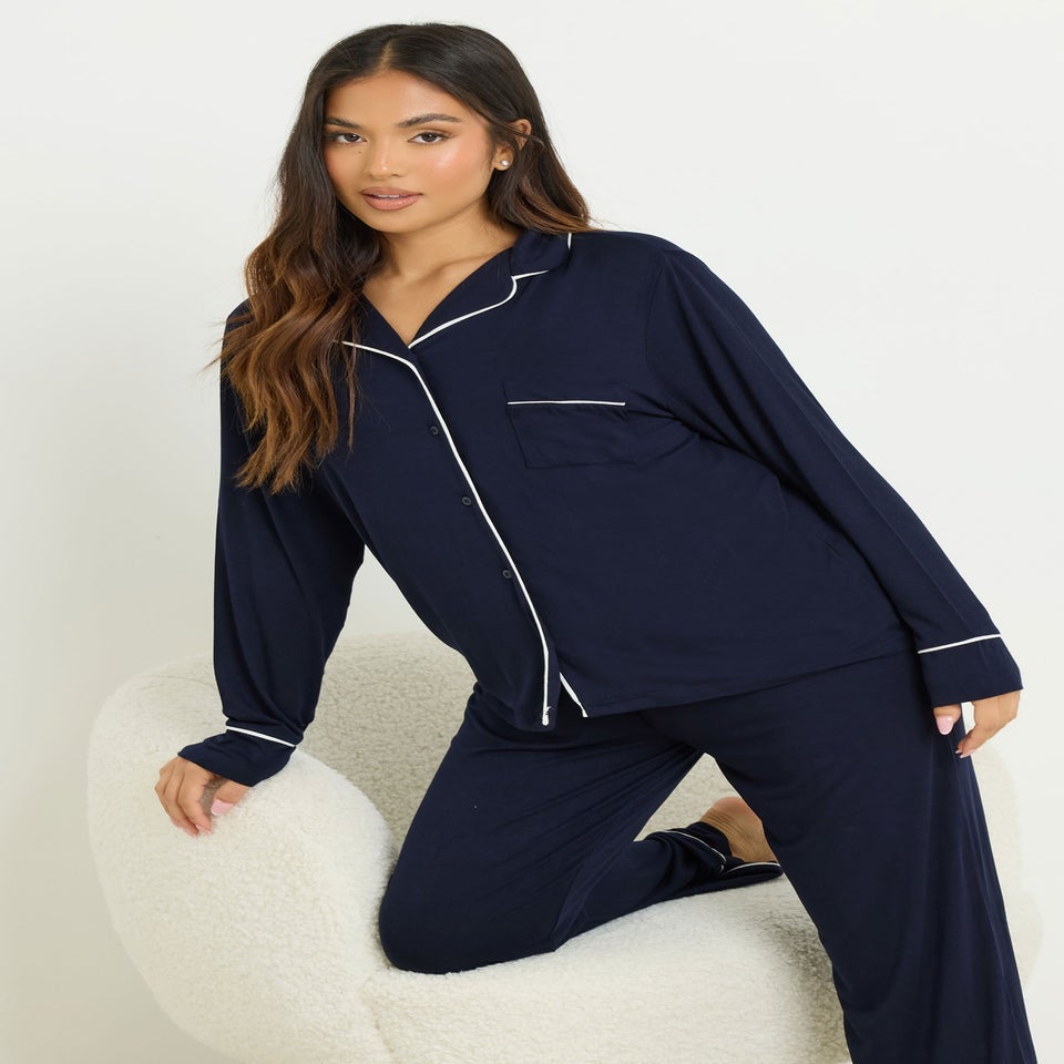 PixieGirl Petite Navy Blue Piped Long Sleeve Jersey Pyjama Set