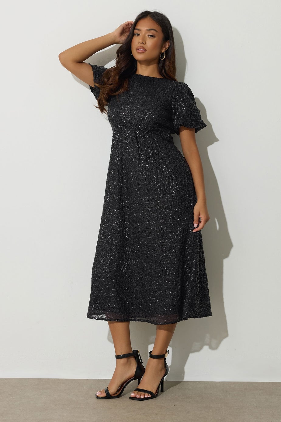 PixieGirl Petite Black Sequin Tie Back Midi Dress