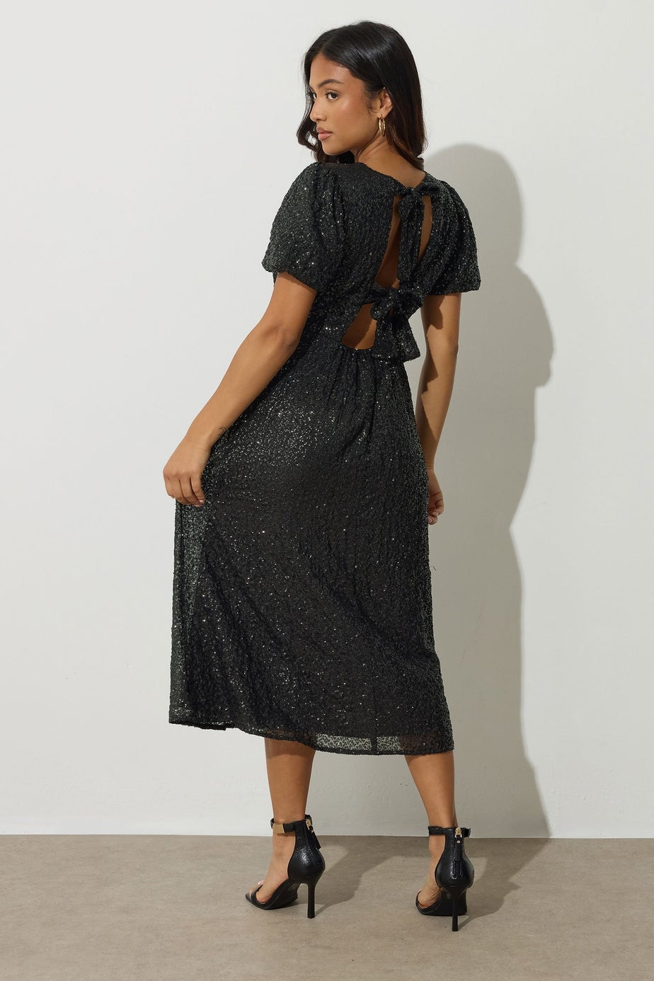 PixieGirl Petite Black Sequin Tie Back Midi Dress