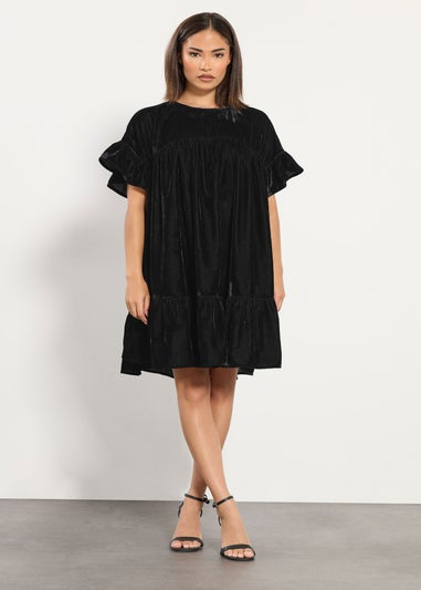 PixieGirl Petite Black Velvet Frill Smock Mini Dress
