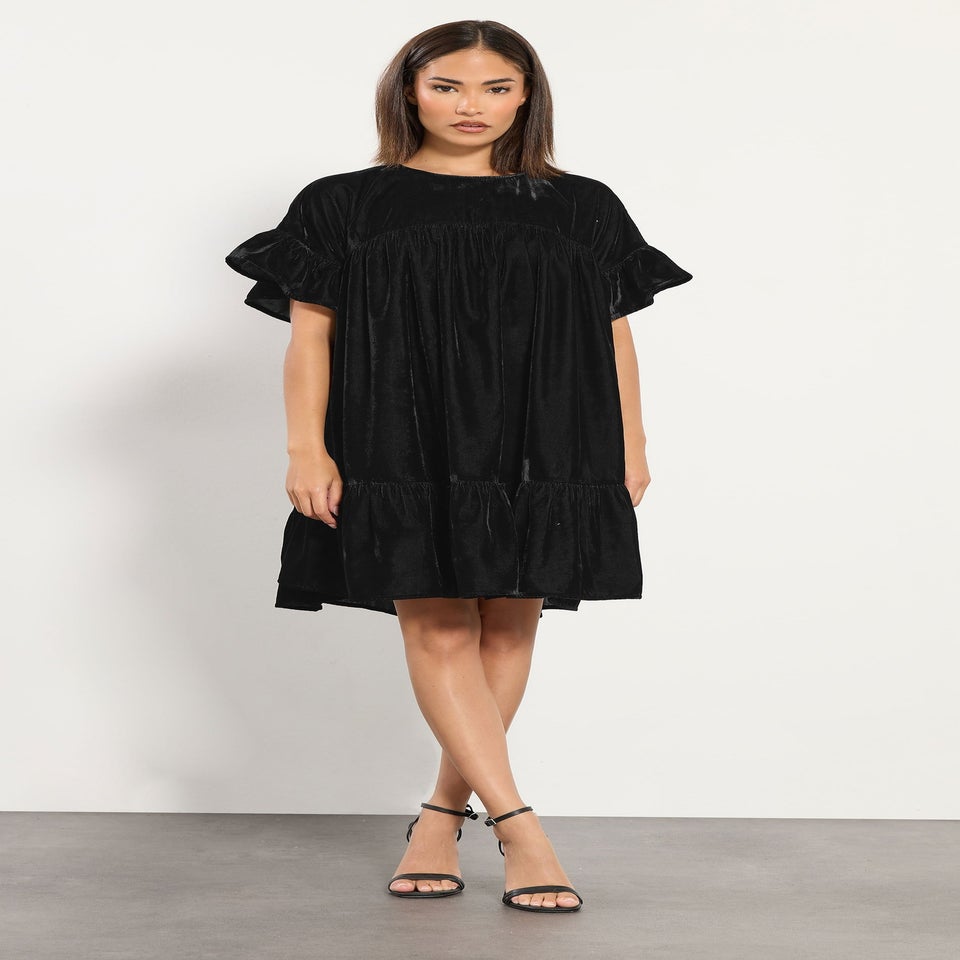 PixieGirl Petite Black Velvet Frill Smock Mini Dress