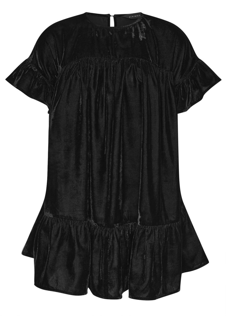 PixieGirl Petite Black Velvet Frill Smock Mini Dress