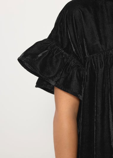 PixieGirl Petite Black Velvet Frill Smock Mini Dress