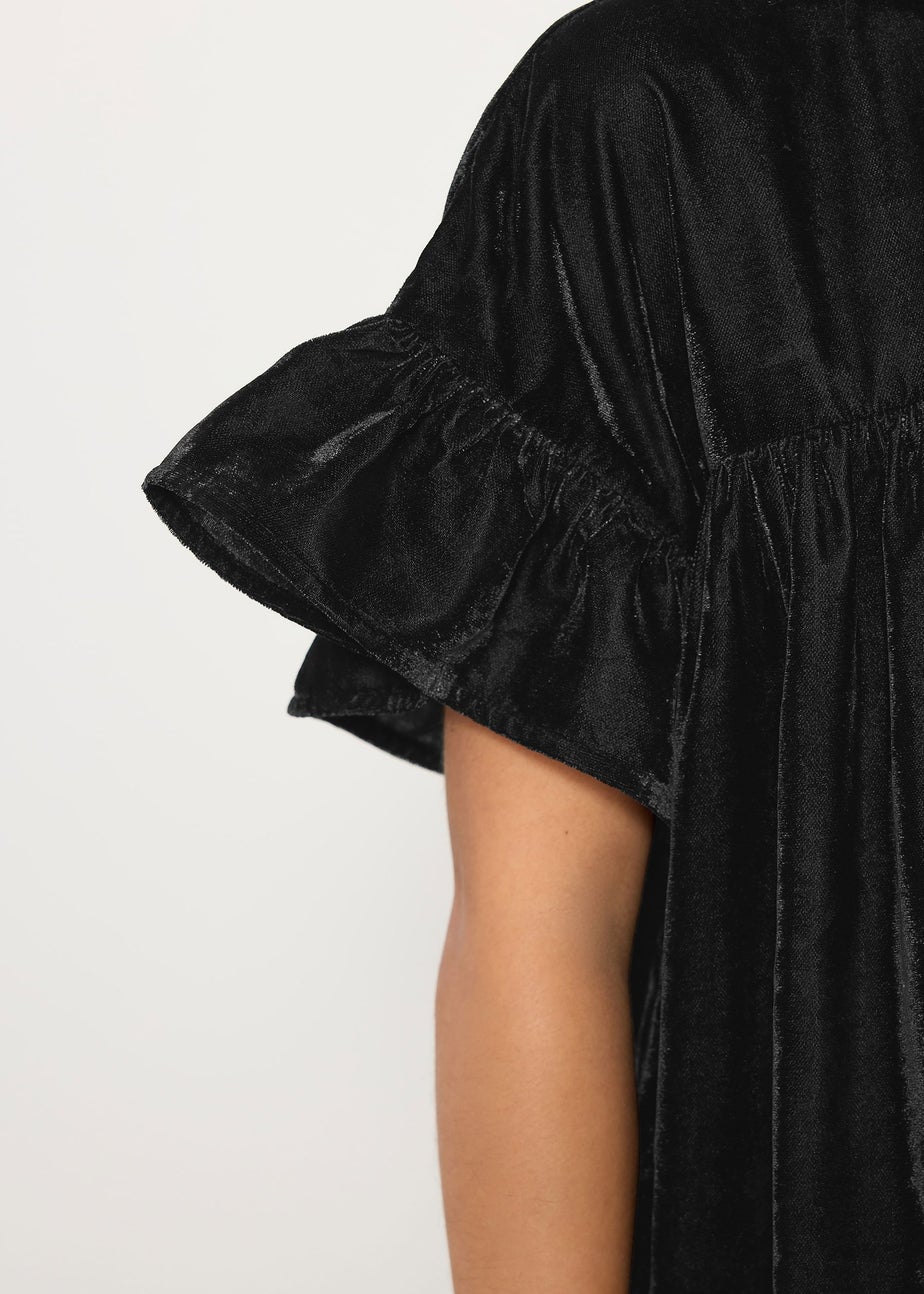 PixieGirl Petite Black Velvet Frill Smock Mini Dress