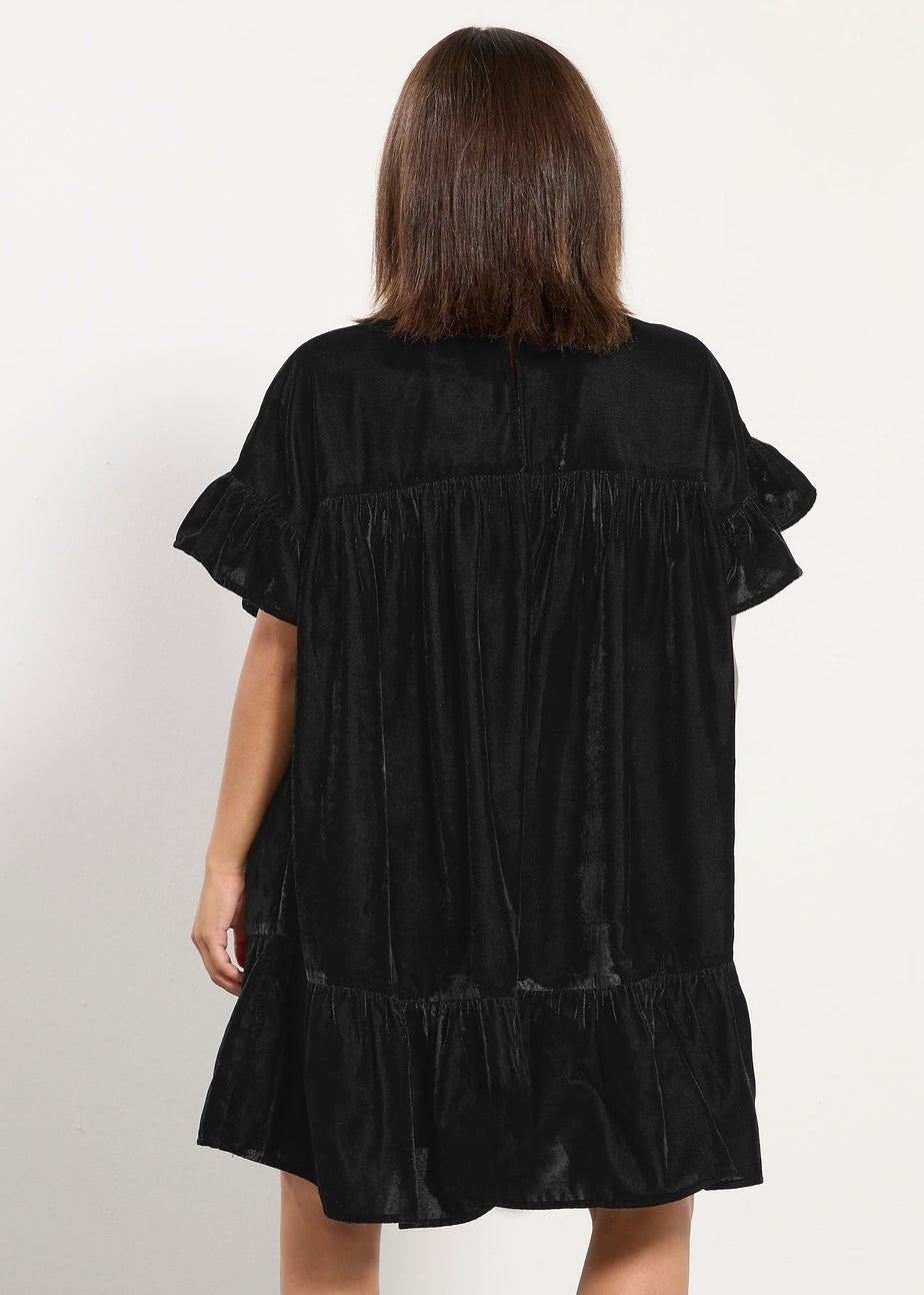 PixieGirl Petite Black Velvet Frill Smock Mini Dress