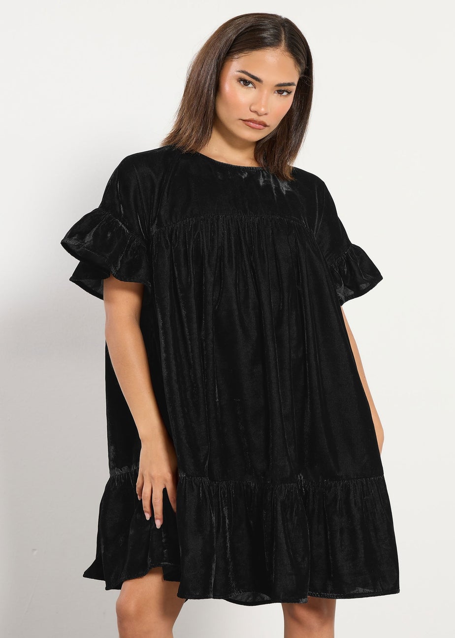PixieGirl Petite Black Velvet Frill Smock Mini Dress