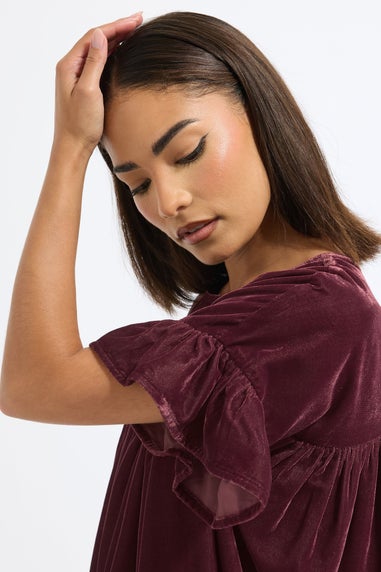 PixieGirl Petite Burgundy Red Velvet Frill Smock Mini Dress