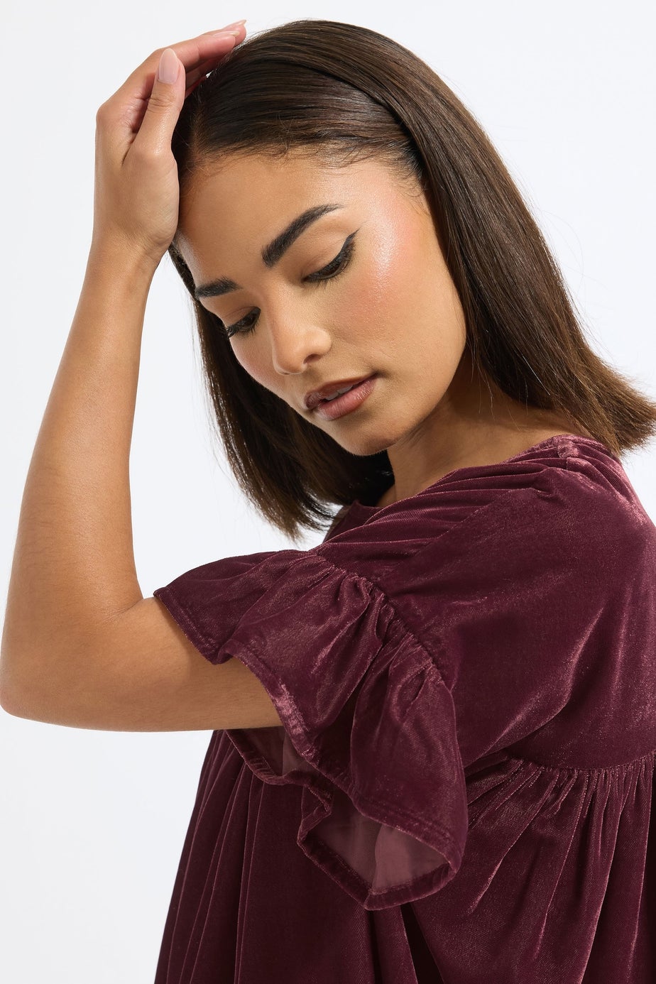 PixieGirl Petite Burgundy Red Velvet Frill Smock Mini Dress