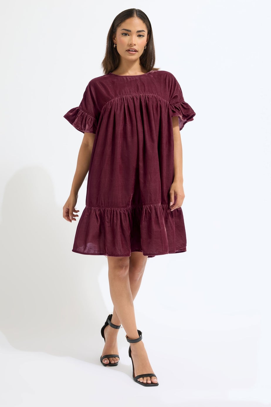 PixieGirl Petite Burgundy Red Velvet Frill Smock Mini Dress