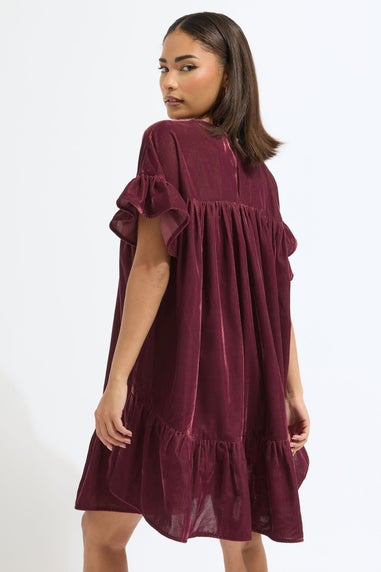 PixieGirl Petite Burgundy Red Velvet Frill Smock Mini Dress