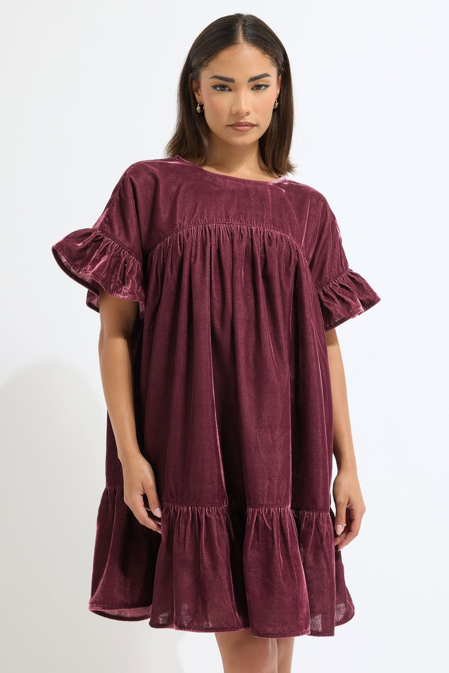 PixieGirl Petite Burgundy Red Velvet Frill Smock Mini Dress