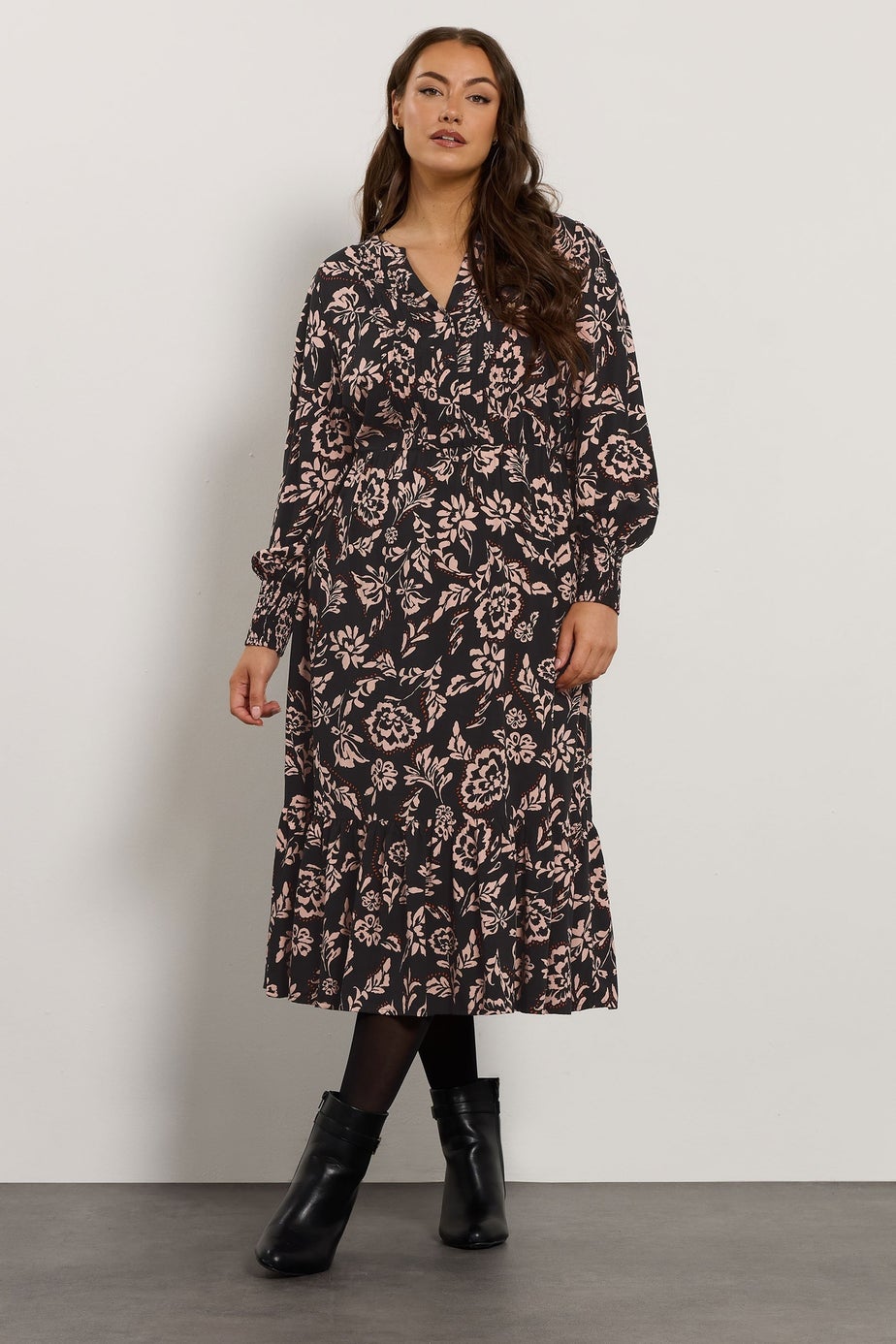 Evans Curve Black Floral Pintuck Dress