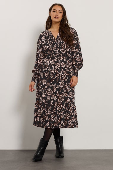 Evans Curve Black Floral Pintuck Dress