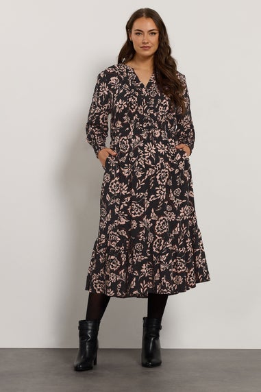 Evans Curve Black Floral Pintuck Dress