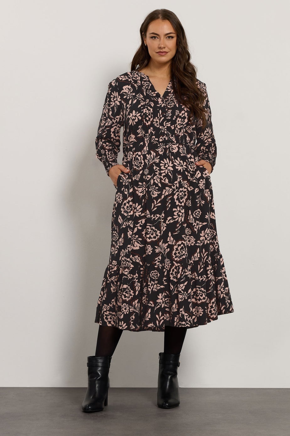 Evans Curve Black Floral Pintuck Dress