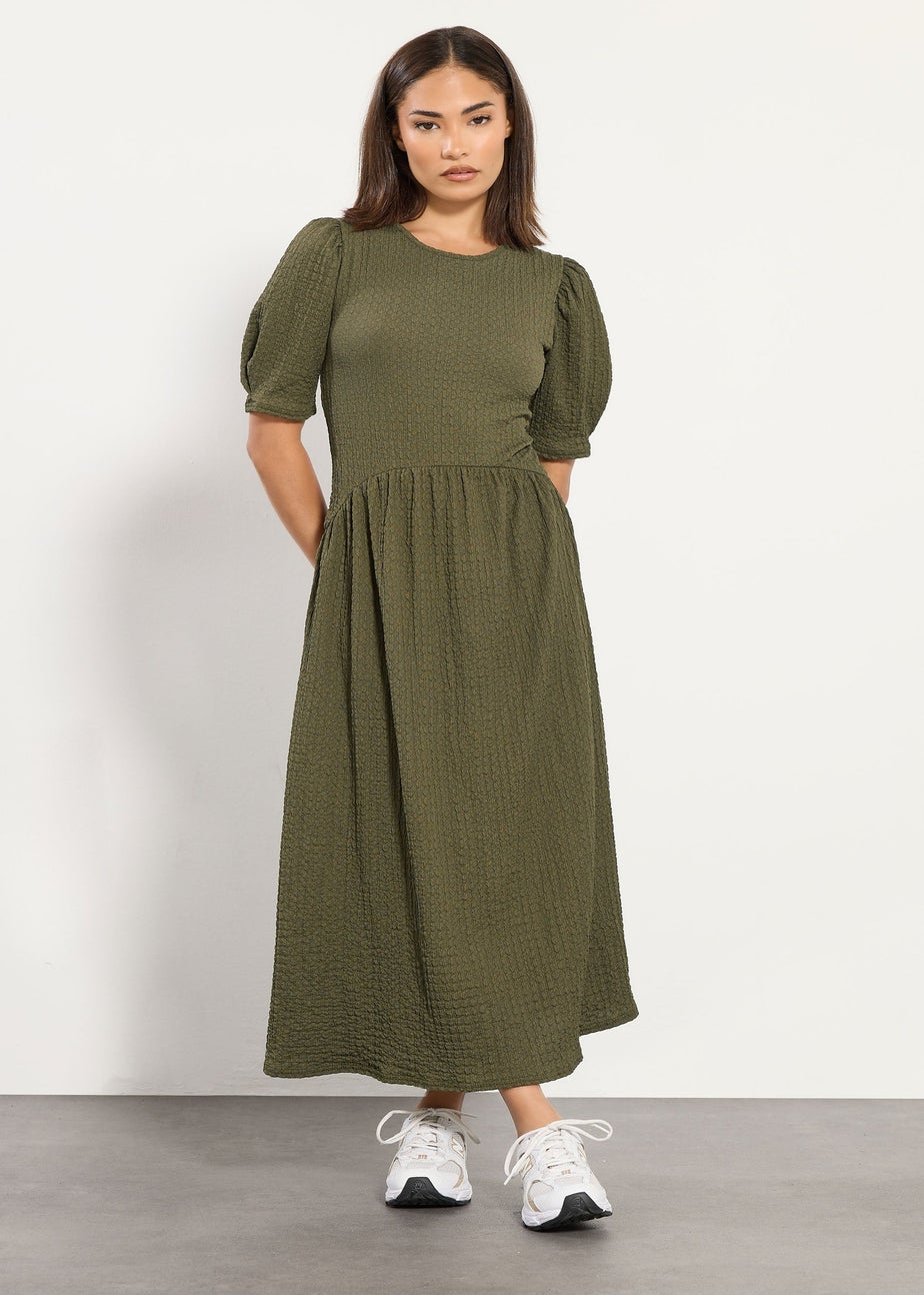 PixieGirl Petite Olive Green Textured Midi Dress