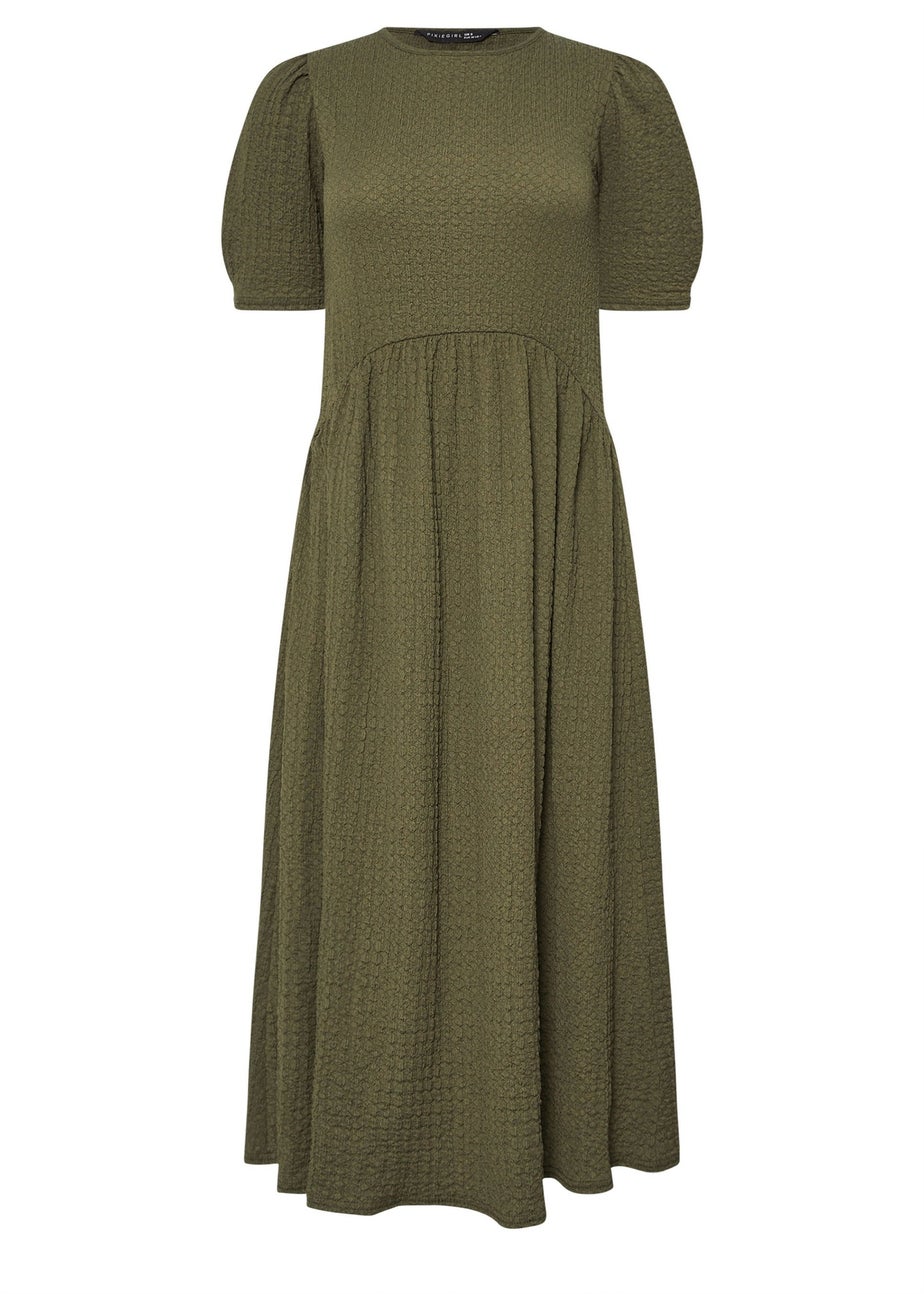 PixieGirl Petite Olive Green Textured Midi Dress