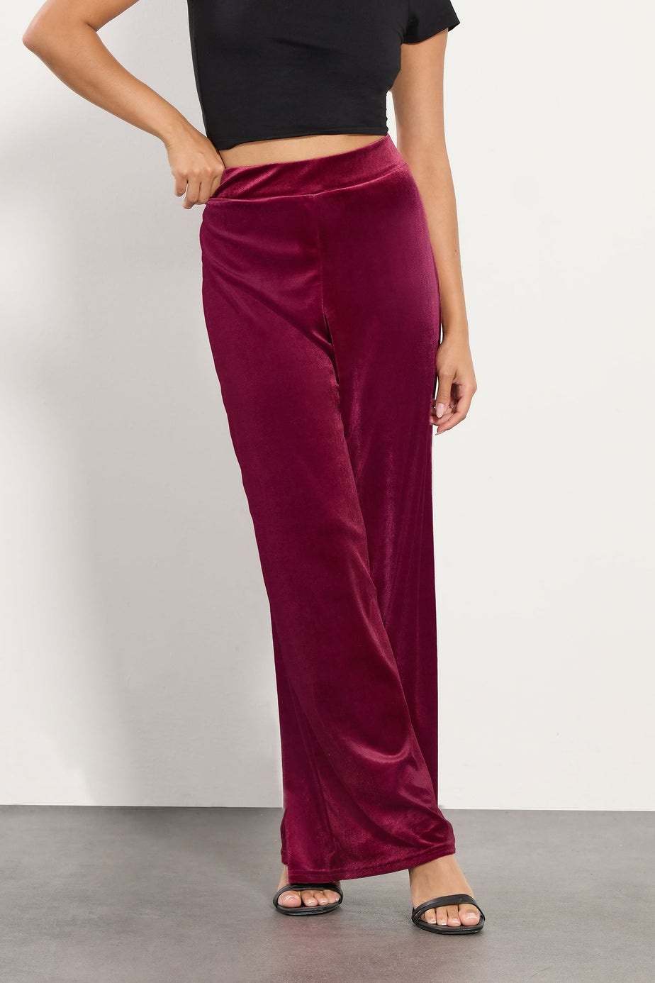 PixieGirl Petite Burgundy Red Velour Wide Leg Trousers