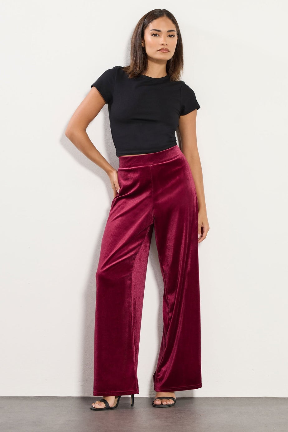PixieGirl Petite Burgundy Red Velour Wide Leg Trousers