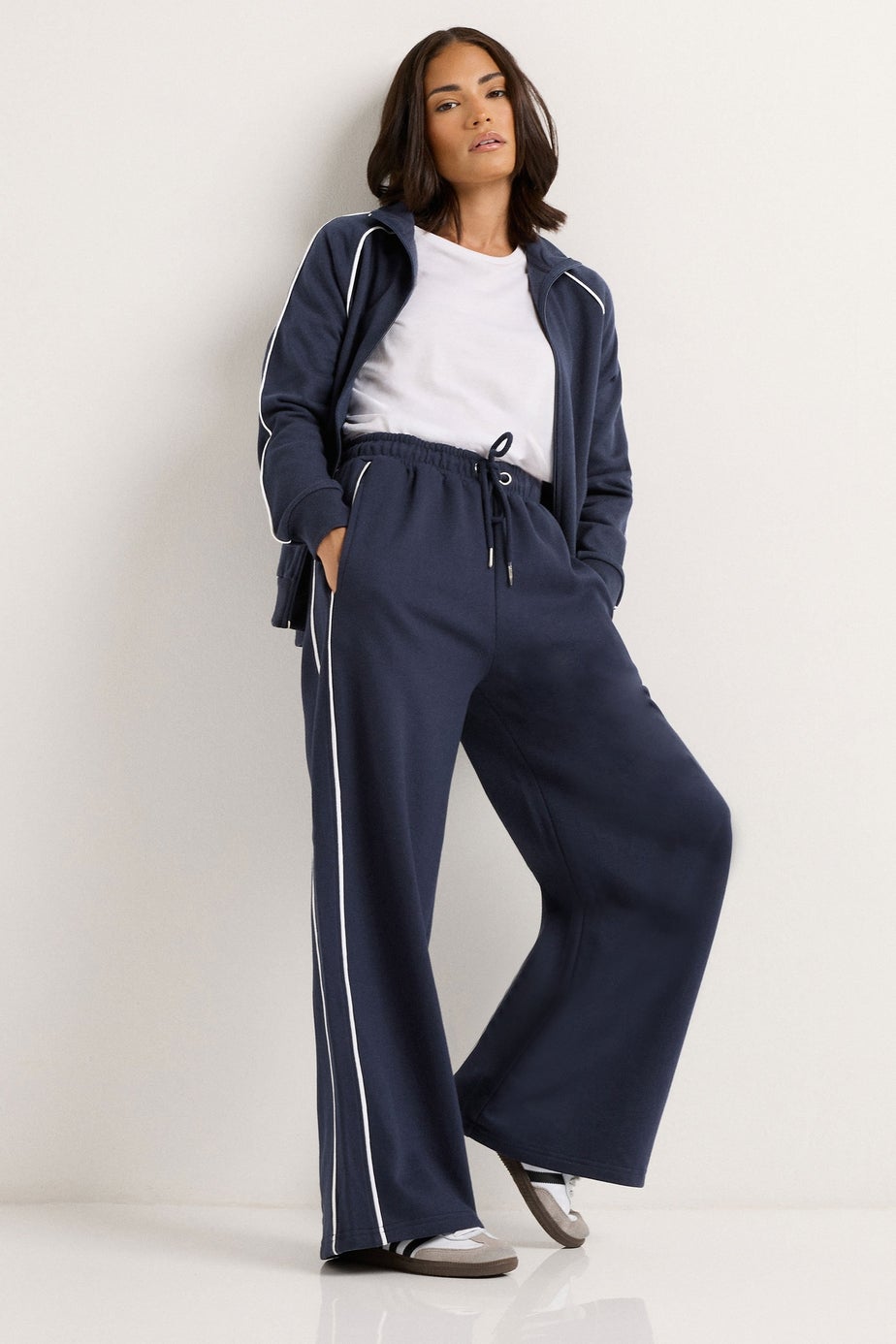 PixieGirl Petite Navy Blue Contrast Piping Wide Leg Joggers