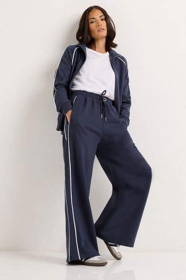PixieGirl Petite Navy Blue Contrast Piping Wide Leg Joggers