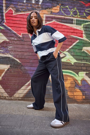 PixieGirl Petite Navy Blue Contrast Piping Wide Leg Joggers