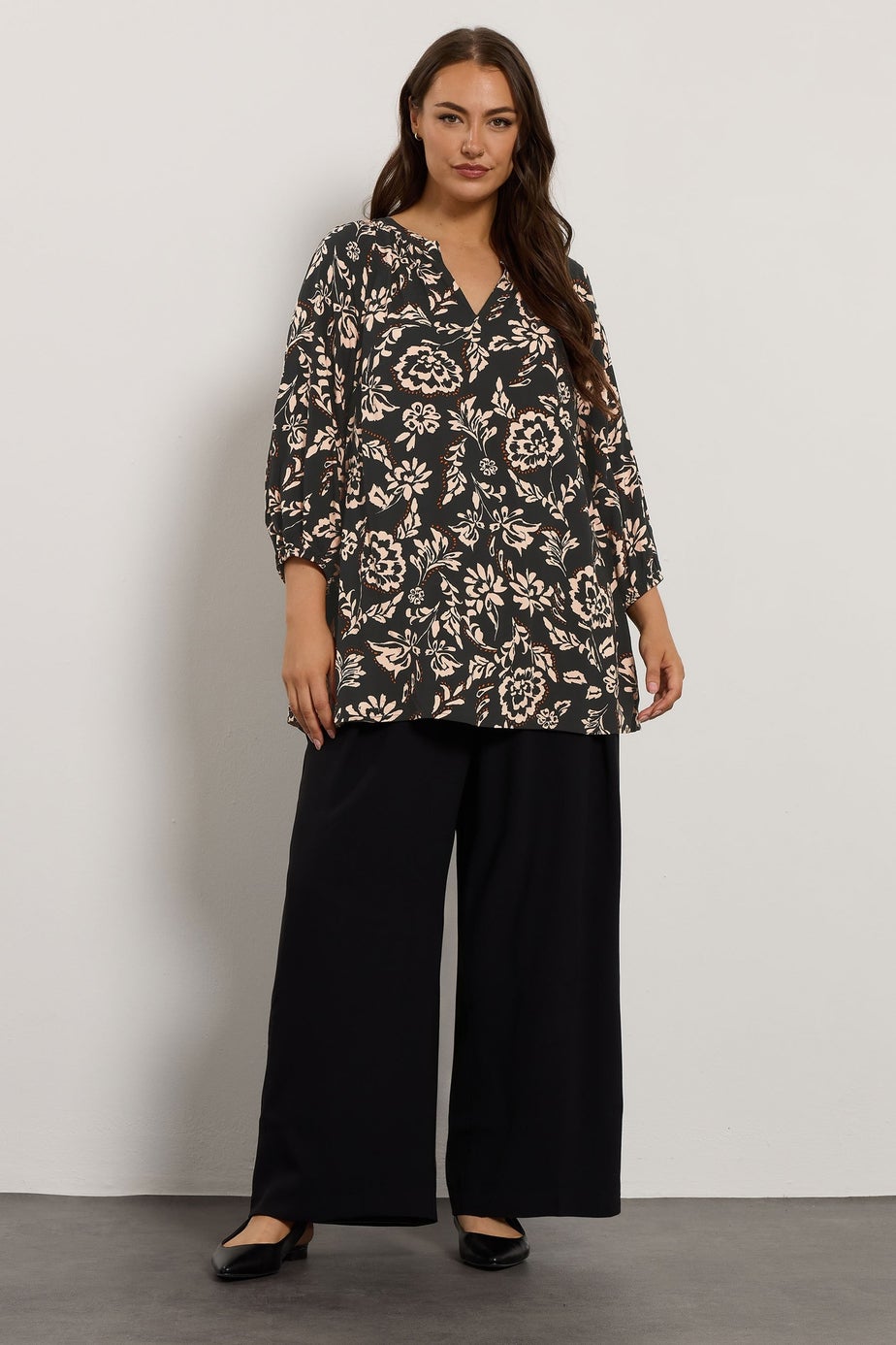 Evans Curve Black Floral Notch Neck Blouse