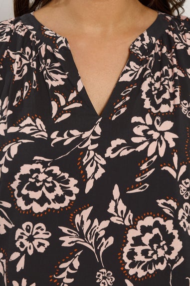 Evans Curve Black Floral Notch Neck Blouse