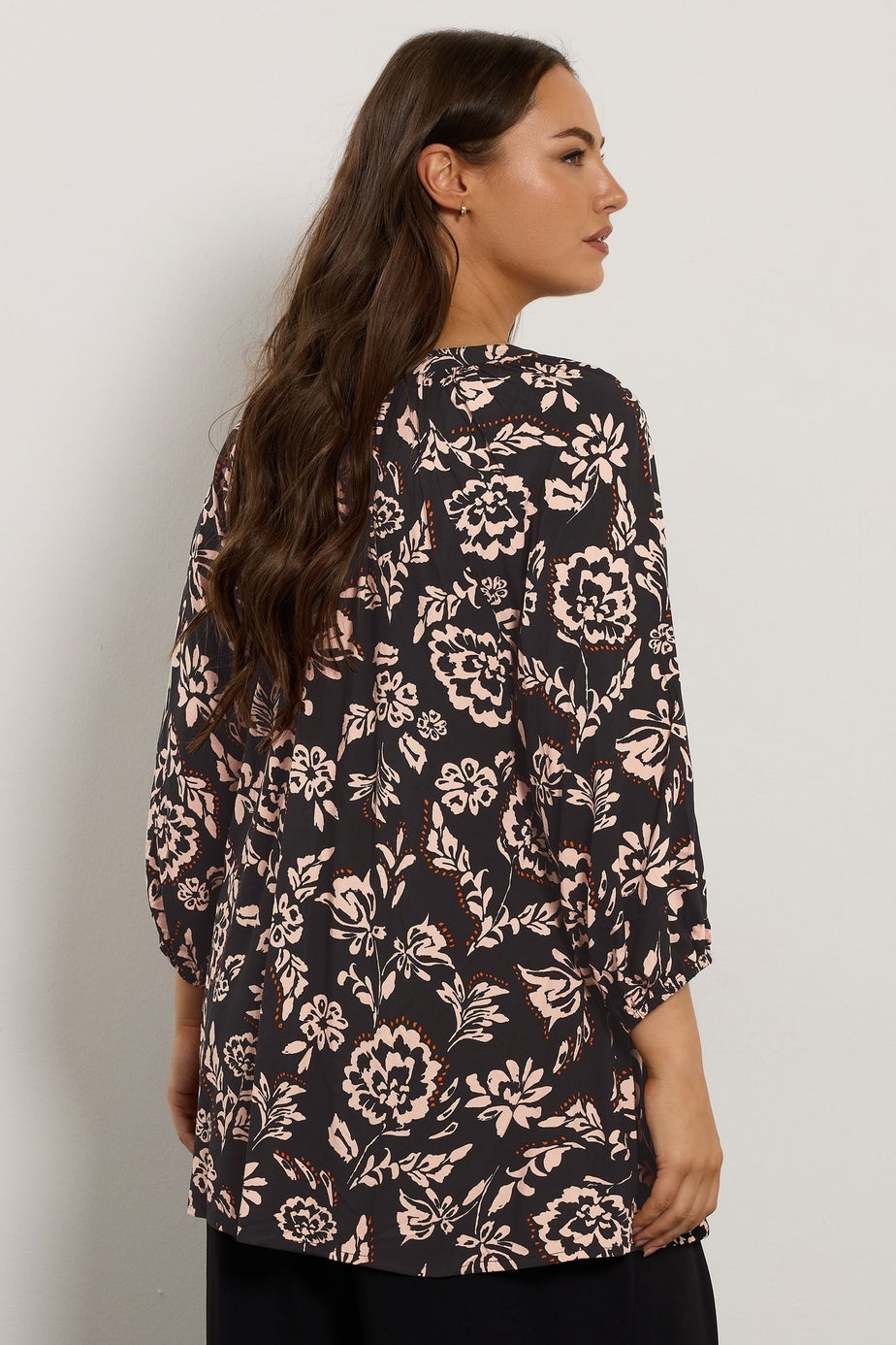 Evans Curve Black Floral Notch Neck Blouse